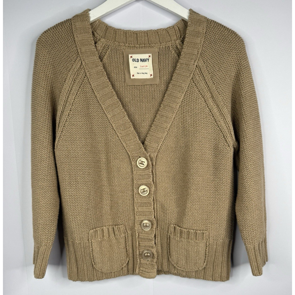 Vtg Old Navy Cardigan Sweater Womens Sz L Tan Cotton Y2K Cropped V-Neck‎ Neutral